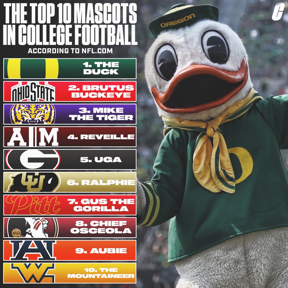 The best college football mascots via the NFL. 

Thoughts? 👀