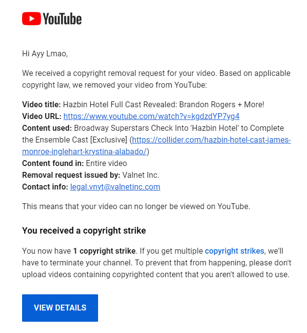 ayylmaotv's tweet photo. Warning to anyone thinking about covering Hazbin Hotel News, the website @Collider @Valnetinc which is hosting the cast list information is sending out false dmca takedowns on anyone covering their articles. 

If you discuss the new cast they'll strike your video down for no reason. Such key information like the cast should've been revealed on the official twitter. There's no reason for it to be handed off to these news agencies who abuse the dmca takedown system.
