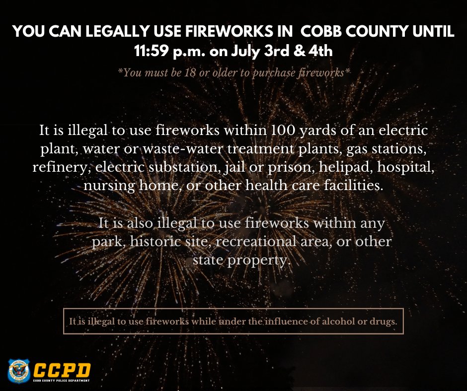 Knowing when and where to discharge fireworks in Cobb County is important. You can legally use fireworks any day of the week between 10 a.m. and 9 p.m. and until midnight on New Year's Day. Celebrate the holidays responsibly! #NYE2023