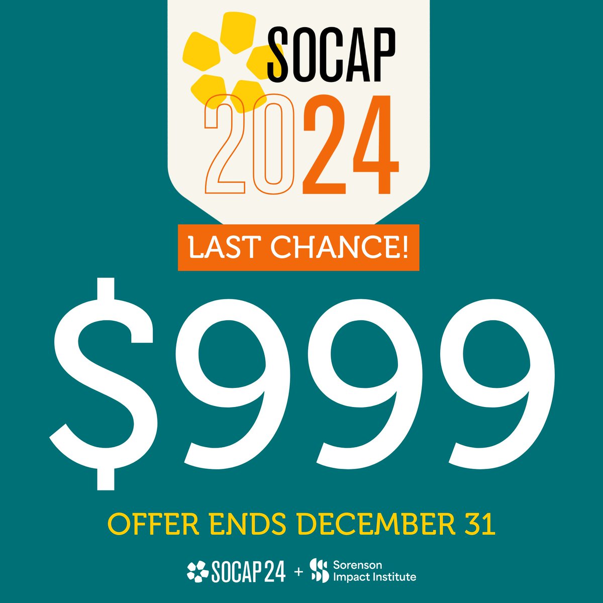It's the final day of 2023 and the last chance to purchase SOCAP24 tickets for $999 — the lowest price you'll see before the event! Register by midnight PT to take advantage of this limited-time offer. bit.ly/48rc9Vj