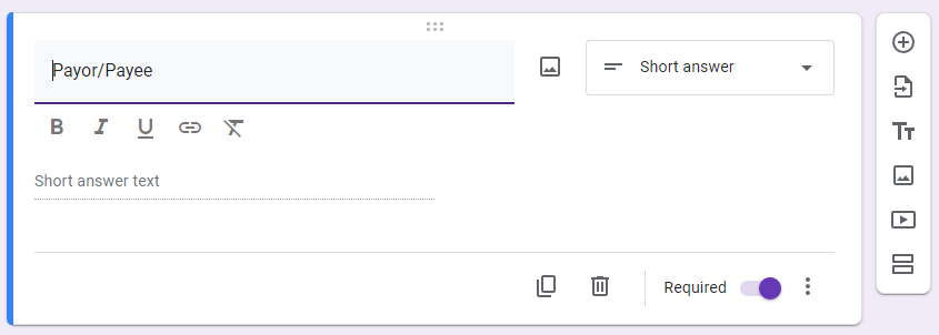 📕: #SpendingTracker - Input 🧵 10/14
Payor/Payee
- Name of the counterparty of your transaction
- Use 'Short Answer' for this question
- Be consistent with your counterparty name. e.g. use either: McD, MickeyD, McDonald's, don't use all three
- Make required