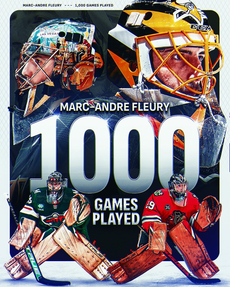 NHL's tweet photo. A Flower in full bloom 🌸

Marc-Andre Fleury joins Martin Brodeur, Roberto Luongo, and Patrick Roy as the only goalies in NHL history to reach the 1,000 games played mark.

Congratulations on this incredible achievement, Flower! https://t.co/TNdpYzrnvB