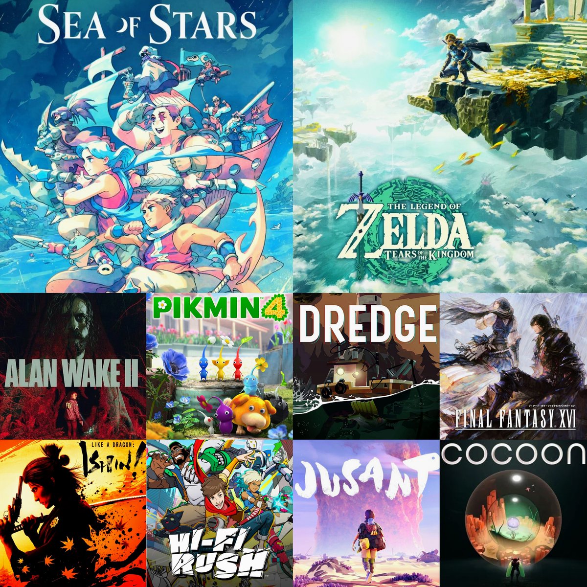 #alexdGOTY 2023:

1. 🌌 Sea of Stars
2. 🥲 The Legend of Zelda: Tears of the Kingdom
3. 🔦 Alan Wake II
4. 🌱 Pikmin 4
5. 🎣 Dredge
6. ⚔️ Final Fantasy XVI
7. 🏯 Like a Dragon: Ishin!
8. 🎸 Hi-Fi RUSH
9. 🧗‍♂️ Jusant
10. 🪲 Cocoon

Full list: bit.ly/3vlAtK8