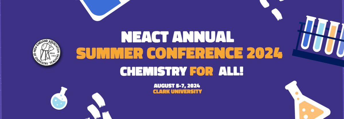 NEChemTeachers's tweet photo. Save the date!
NEACT is excited to announce that the 2024 Annual Summer Conference will be held at @ClarkUniversity August 5-7 2024
This year's theme is "Chemistry for All!"
Proposals for presentations are currently being accepted at https://t.co/P92CwwkltQ
#iteachchem #neact https://t.co/EJCfPmDmbH