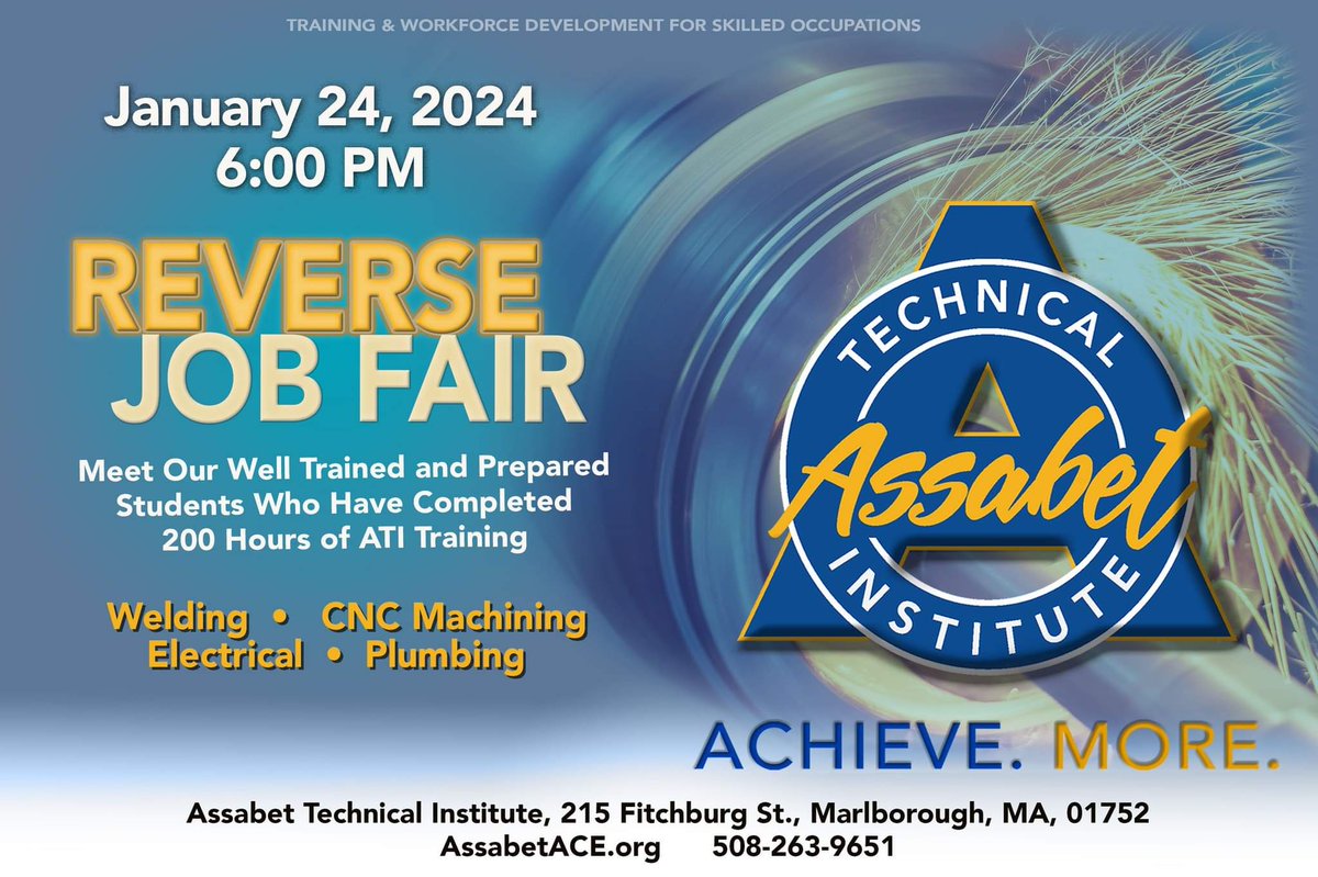 AssabetSuper's tweet photo. Attention Employers!!! ATI is hosting a Reverse Job Fair on January 24, 2024, at 6:30pm for anyone hiring in the following career fields: CNC Machining, Electrical Wiring, Plumbing, &amp; Welding! Contact Mary May at mmay@assabet.org to save your spot.
@AssabetACE #AchieveMore #RJF https://t.co/1RI00xp8jX