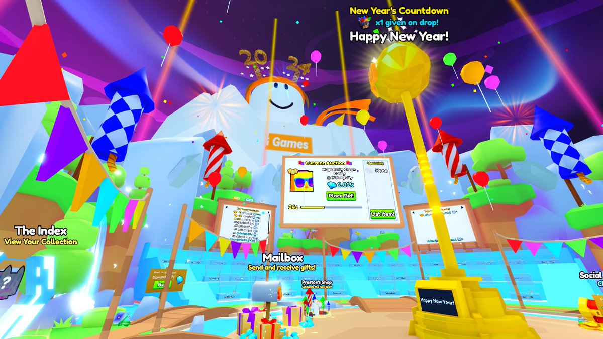 🎉 New Year's Gift Drops! #PetSimulatorX ✨ Countdowns in the Trading Plaza! 6pm, 8pm, & 11pm CST! Be there for your limited time 2024 New Year's Gift! 🎁