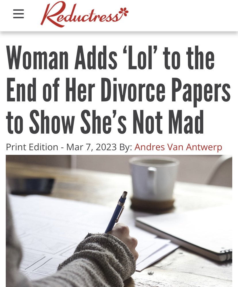 Andvanant's tweet photo. A Reductress wrap-up!  These are some of my favorite headlines that I wrote of 2023!   Here's to a hectic year for me and here's to the brief illusion of control I have that 2024 will be better! https://t.co/Sqj3DgBEt3