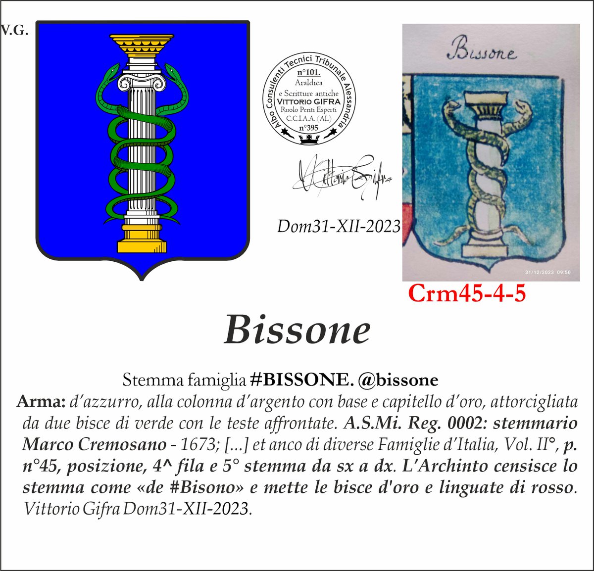 VGIFRA's tweet photo. Stemma famiglia #BISSONE. @bissone
A.S.Mi. Reg. 0002: stemmario Marco Cremosano - 1673; [...] et anco di diverse Famiglie d’Italia, Vol. II°, p. n°45, posizione, 4^ fila e 5° stemma da sx a dx. Vittorio Gifra Dom31-XII-2023. https://t.co/F3oFP6quGr