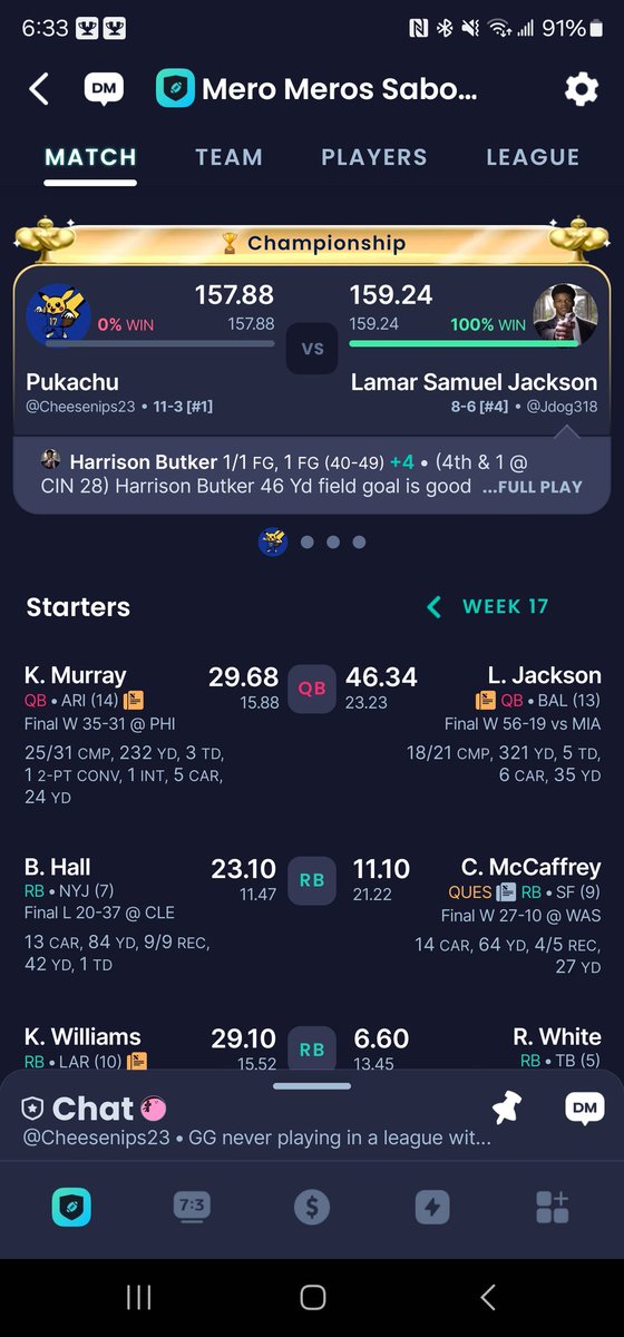 Cheesenips_23's tweet photo. @TheFFBallers Lost to Harrison Butker. Needed him to not score more than 22 points. Kickers are terrible. https://t.co/BGPmQl8kdz