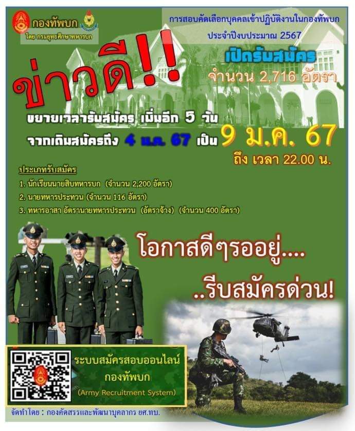 กองทัพบกขยายเวลาเปิดรับสมัครบุคคลพลเรือนเข้าปฎิบัติงานเป็นกำลังพล ทบ. ประจำปีงบประมาณ 2567 จากเดิมถึงวันที่ 4 ม.ค. 67 เป็นสิ้นสุดวันที่ 9 ม.ค. 67