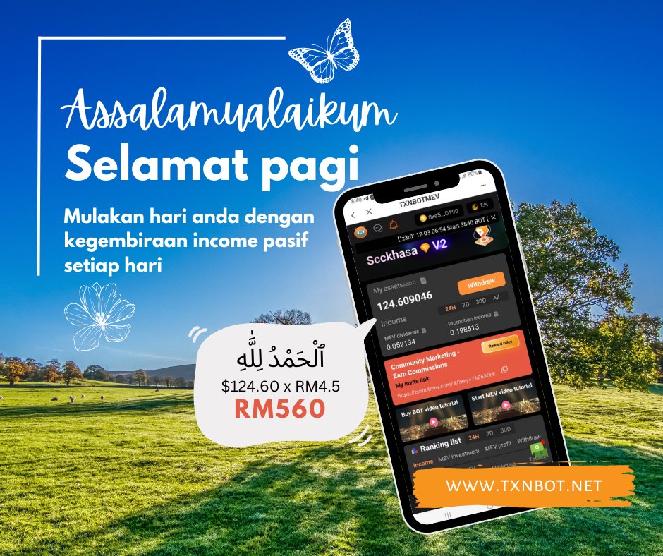 Txnbotnet's tweet photo. Bangun pagi senyum2 tengok handphone.. Pergi kerja pun ceria2. Kumpul2 profit hujung minggu ni boleh sambar gelang pulut dakap idaman. Nak income macam saya? Klik link https://t.co/uHzyayI5op untuk bermula #txnbot #dailypassiveincome #teamcikgusalleh #txnbotnet https://t.co/ZRLWDGB9aR