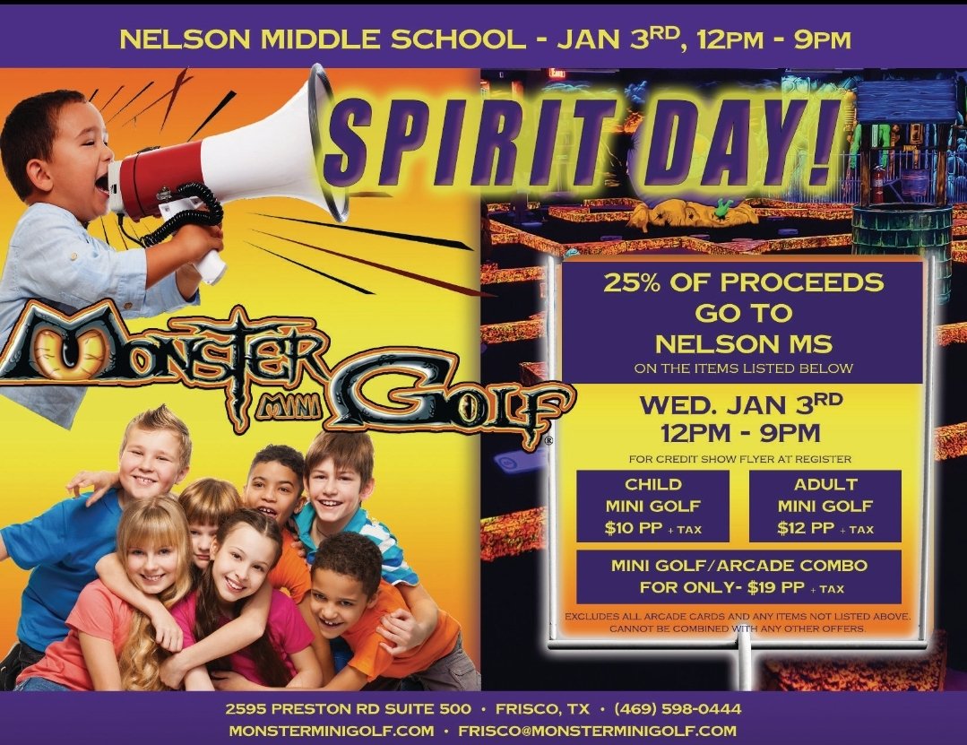 nelsonmiddlepta's tweet photo. Have some fun over winter break and support Nelson Middle School PTA! Play a round of mini golf at Monster Mini Golf on Wednesday, 1/3 from noon - 9pm and 25% of proceeds goes back to Nelson. Make sure you show the flyer below https://t.co/Q58jppLOju