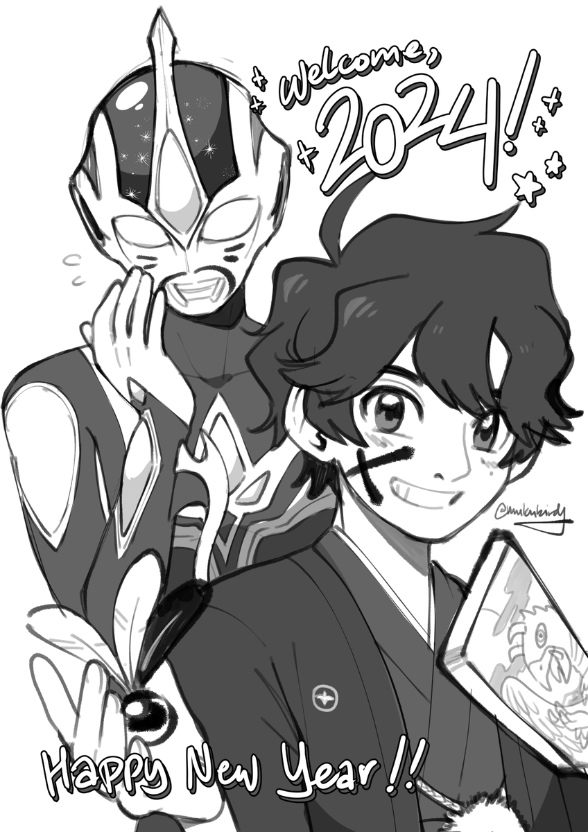 [OC art/#oritoraman]  🌟 Happy New Year!! Here's to all the best in 2024!!! 🥳  (Guess the kaiju in the paddle.)