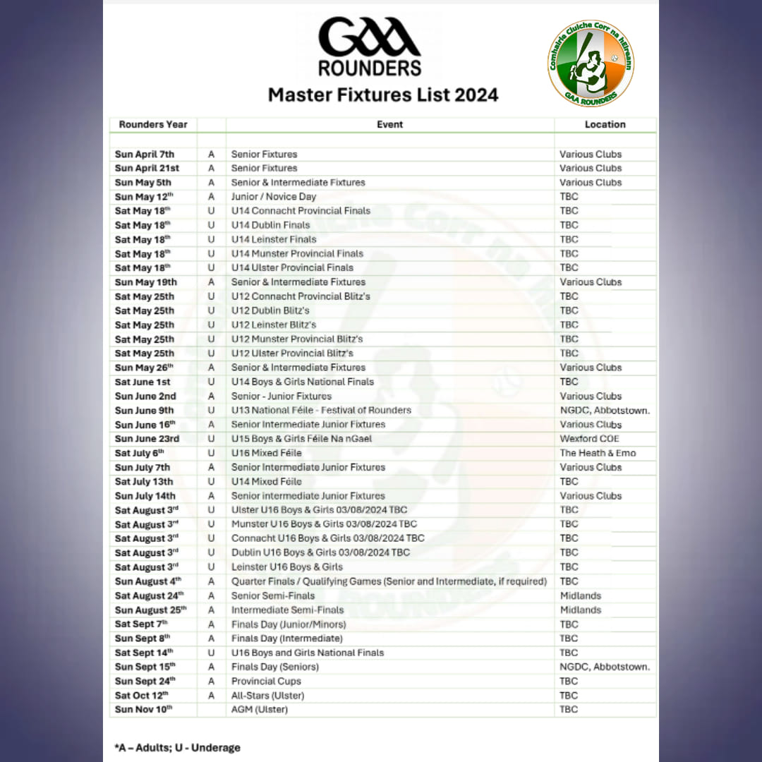 Planning for the #GAARounders2024 season? You can check out our provision master schedule for the coming season. Best of luck to all teams for the coming season!