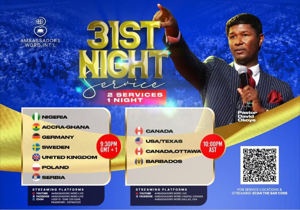 WE ARE LIVE!
_______________

Streaming Details 

Facebook
facebook.com/AmbassadorsWor…

YouTube
m.youtube.com/@ambassadorswo…

Zoom
bit.ly/awzoommeeting 
Meeting ID: 586 329 8248
Password: ESTAB2020

#ambassadorsword
#31stNightService
#newness 
#FinishingStrong
