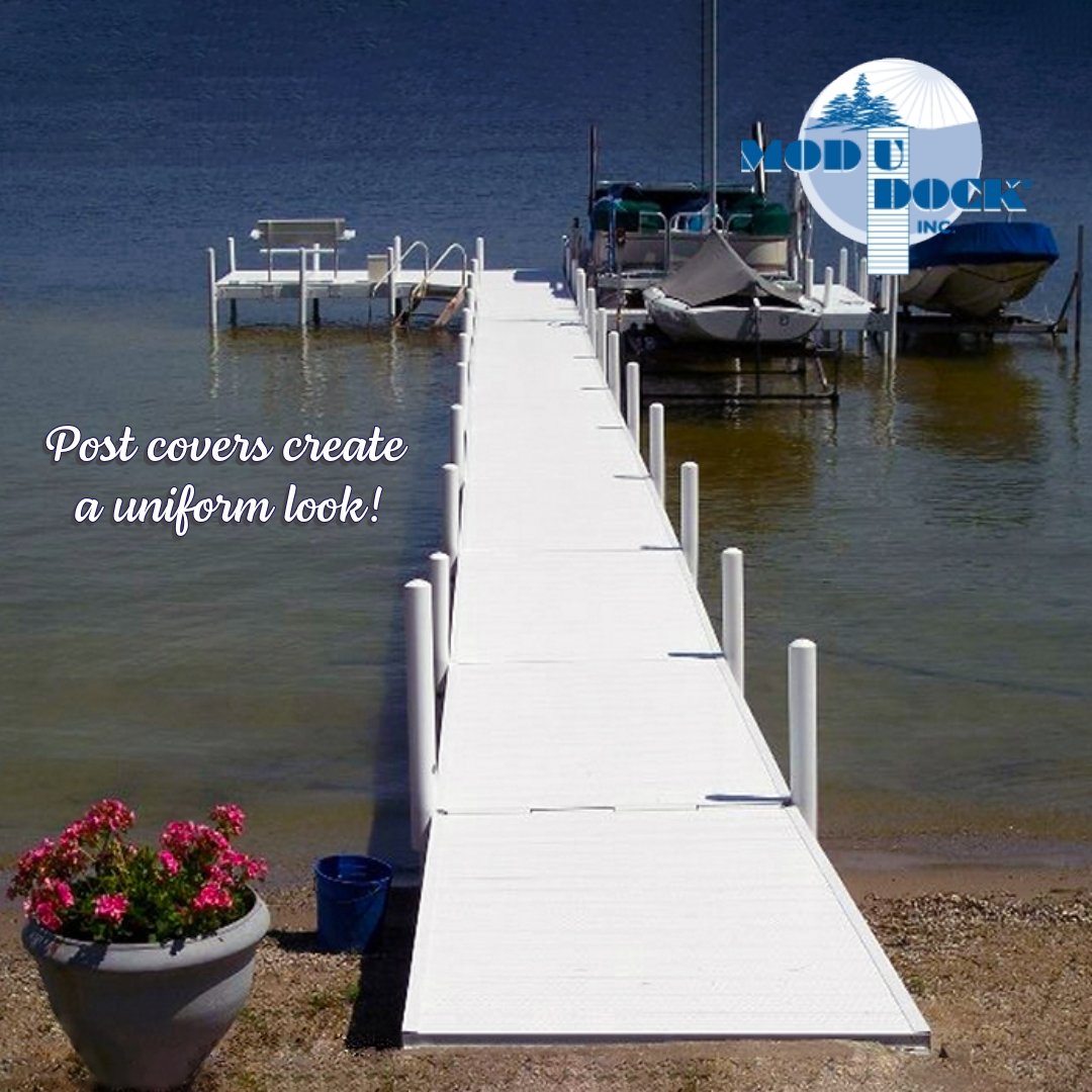 Mod-U-Dock stationary pier on lakefront with post covers. #modudock #pier #boatdock #boatdocks #lakefront