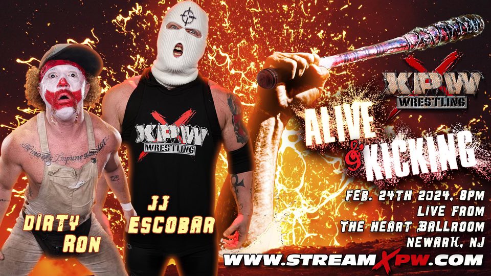 DIRTY RON VS JJ ESCOBAR 

XPW Presents 
Alive and Kicking 

🎟 GET TICKETS NOW:
tinyurl.com/5cyxwbm6

- Saturday Feb 24
- The Heart  Ballroom 
- Newark,NJ
- 8pm 

STREAMING📺📺📺📺📺 
streamxpw.com

#aliveandkicking
2/24@ Newark,NJ