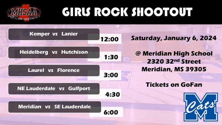 The annual “Girls Rock Shootout” is this Saturday at Meridian High School. Come join us for a great day of high school hoops! 🏀