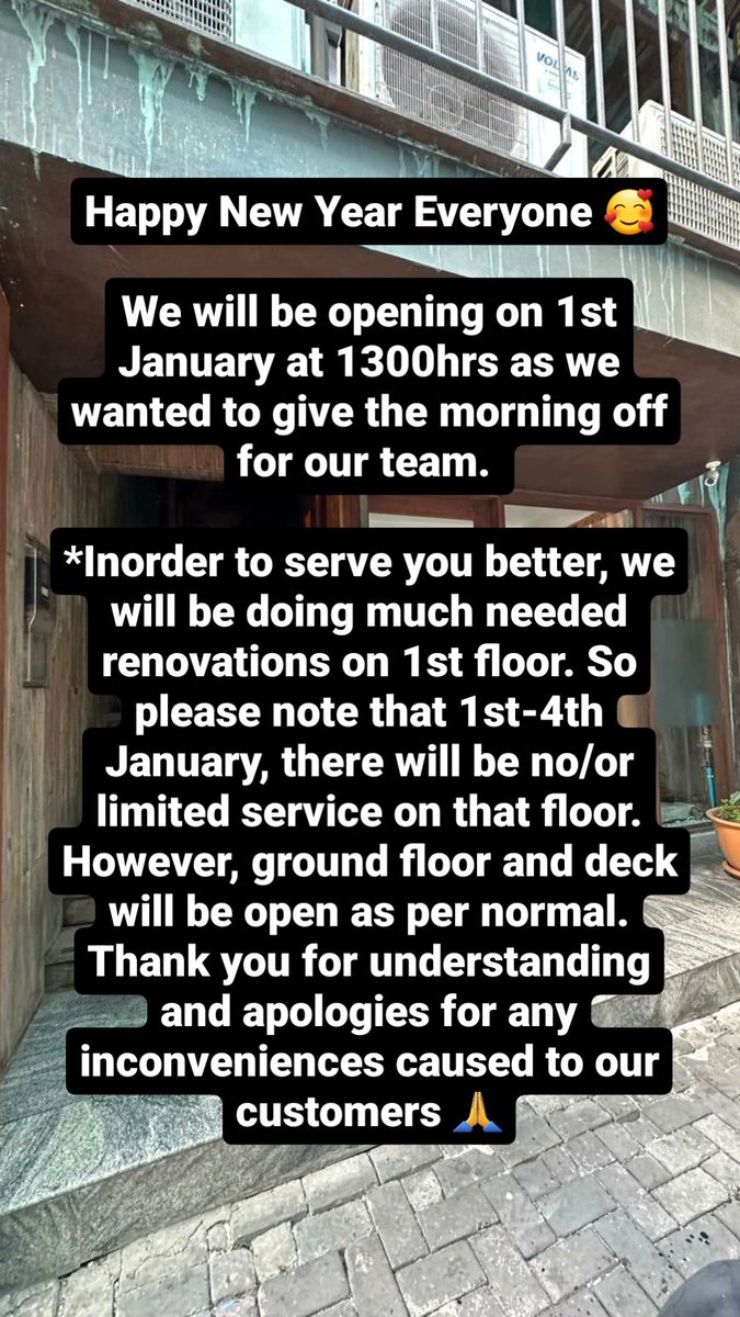 Happy New Year Everyone 🙌
*We will be open at 1300hrs on 1st January 2024! 
*We will be doing renovations on 1st Floor from 1st to 4th January. Ground and deck will be operating as normal. 
Thank you for understanding 🙌
<a href="/AzanZuhair/">Ajee</a> <a href="/YmnMohamed/">Yaman</a> <a href="/HookahMaldives/">Hookah Maldives</a>