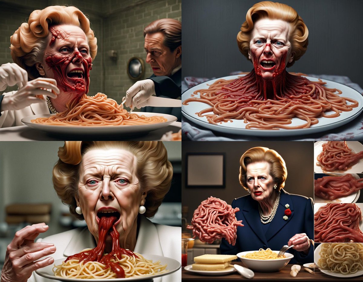 backprawns's tweet photo. Margaret Thatcher mutant human organ pasta concoction horror - made with @NightCafeStudio
https://t.co/nBdEpXFd9T
#aiart #nightcafe #digitalart #pasta #pizza #gourmetfood #nouvellecuisine #horsdoeuvre #fingerfood #fingermouse #damgermouse #mightymouse https://t.co/DFJrroeJ7G