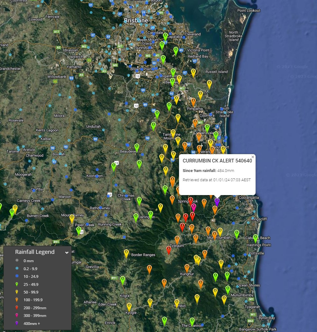 Happy New Year!

Incredible rainfall totals across the Gold Coast and hinterland region overnight.

Currumbin Creek has had a mammoth 484mm since 9am yesterday - most of which has fallen over a 12-15hr period (this figure needs to be confirmed).

- Upper Springbrook 326mm
-