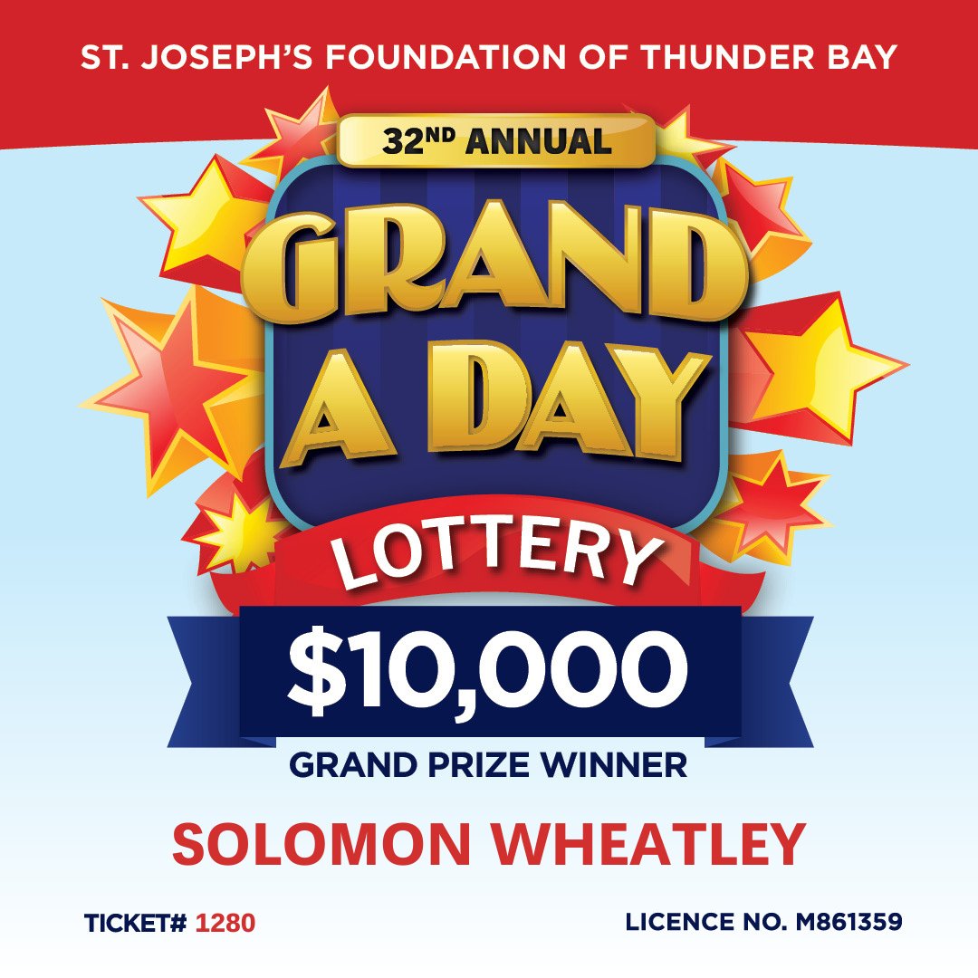 SJFTB's tweet photo. The 32nd Annual Grand a Day lottery has come to an end...and we have saved the best for last!  The GRAND PRIZE $10,000 winner is Solomon Wheatley!!!  Congratulations Solomon (ticket #1280)!  We wish you all a very happy and healthy 2024! https://t.co/QsCz7LTIht