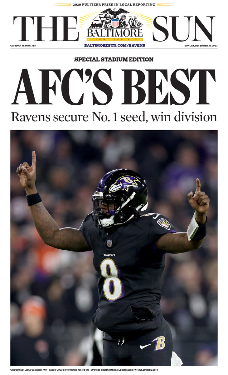 Ravens win big, clinching No. 1 seed in the AFC playoffs. Here's our special front page that was handed out after the game. Find analysis and coverage at baltimoresun.com/ravens @Ravens