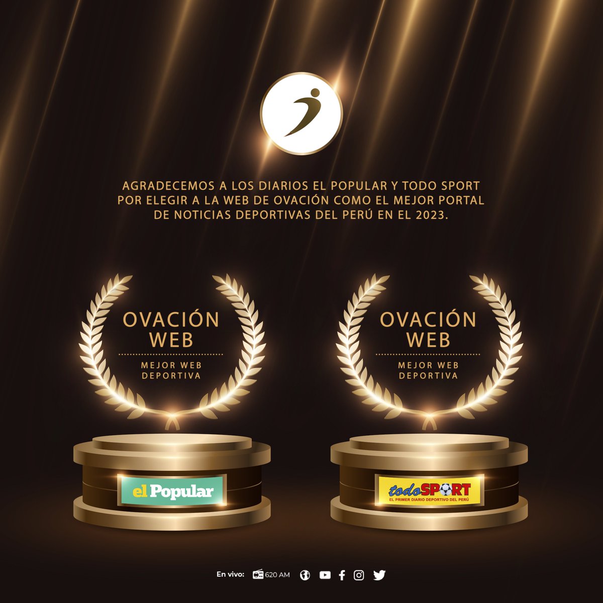 ovacionweb's tweet photo. ¡LA MEJOR WEB DEPORTIVA 2023! 🌟
Agradecemos a los diarios @elpopular_pe y @todosport_pe por elegir a la web de Ovación como el mejor portal de noticias deportivas del Perú en el 2023 🥳. Gracias a todos los seguidores de #Ovación y que sea un 2024 con más deporte 👏🏻. 

🌐 https://t.co/n2QYJgudbq | 📻 620 AM