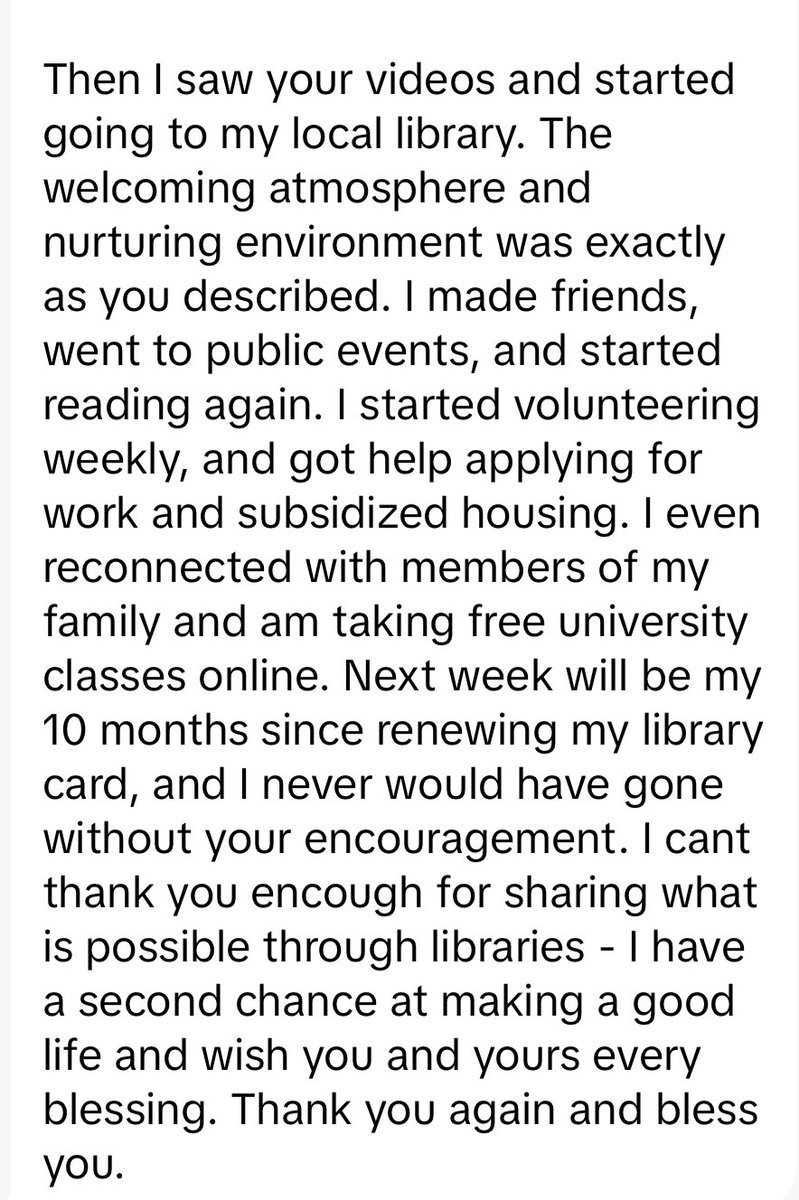 Honored to pass on this message from a library person living a second chance at life ✨ The library convinced someone that they belong, the library convinced someone to LIVE. Let the celebration start 💚