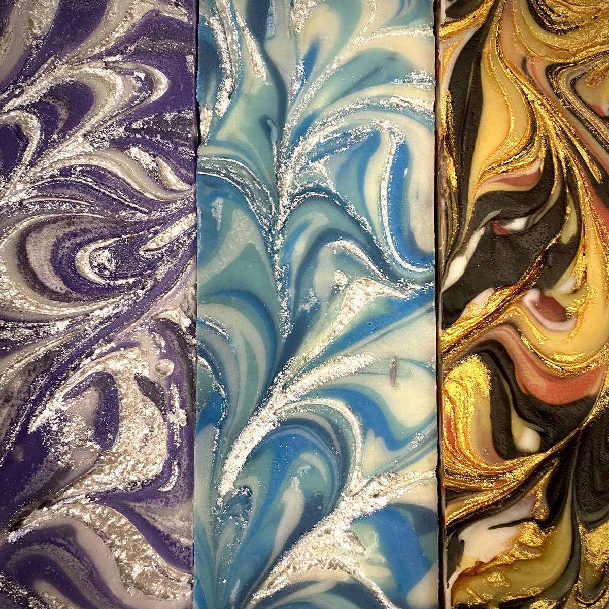 youregorgeousuk's tweet photo. Gold and silver mica accented soap swirls aren’t just for Christmas! #handmade #handmadesoap #naturalsoap #mica #micaswirls #soapswirls https://t.co/JH11Evg67x