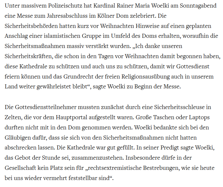 chvkg's tweet photo. #Köln: Gottesdienst im Kölner Dom, Kardinal #Woelki bedankt sich bei den Sicherheitskräften für den Schutz der Kathedrale. (Zur Info: Er sagt nicht wovor – es gab Pläne für einen islamistischen Anschlag). 
Er warnt aber die Teilnehmer vor „Rechtsextremismus“. 🥱🤣
#Silvester2023 https://t.co/8zotbJcvPq
