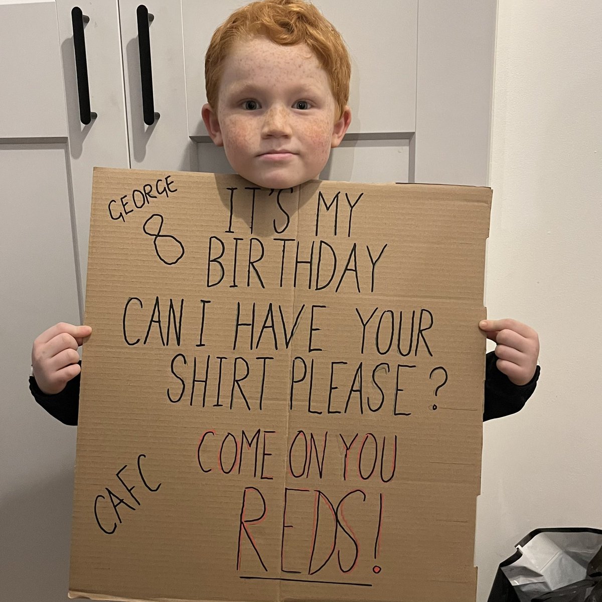Deanoo78's tweet photo. @alfiemay my son George is having his party at the Valley tomorrow. He’d love it if you stopped to say hello before or after the game. 

He’ll be at the front with the sign he’s made! https://t.co/OPVoRH7iEj