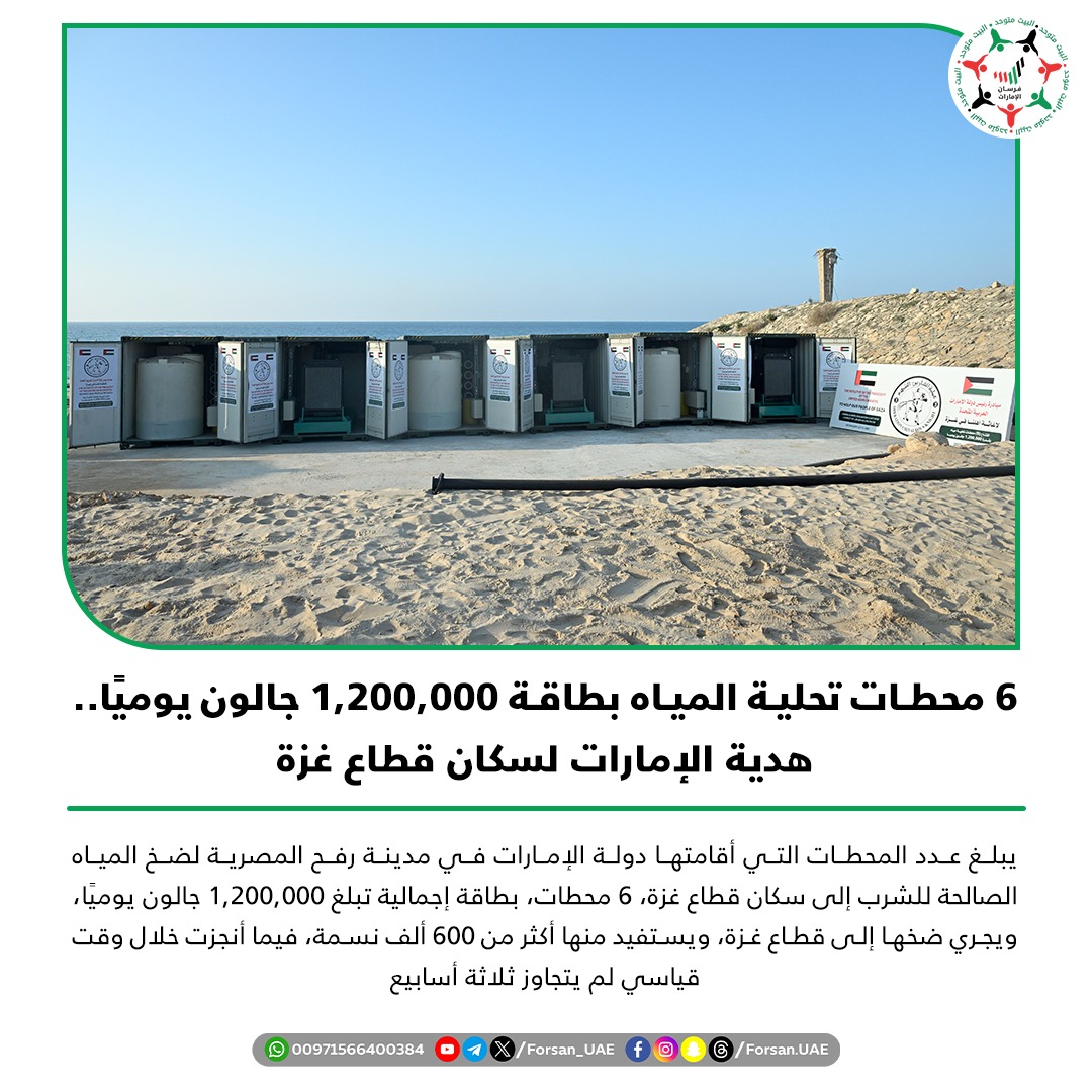Forsan_UAE's tweet photo. هدية #الإمارات لسكان قطاع #غزة.. 6 محطات تحلية المياه بطاقة 1,200,00 جالون يوميا، يستفيد منها أكثر من 600 ألف فلسطيني

#الإمارات_وطن_الإنسانية 
#الفارس_الشهم3 https://t.co/plFILso9jr