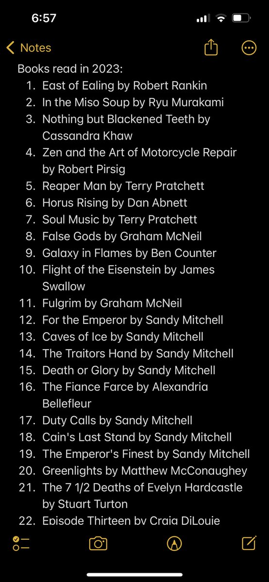 Thomas_Ricks's tweet photo. As always, my 2023 in review by books read. I got into Warhammer 40k this year and that dominated my reading list. My favorite book of the year was Reaper Man by Terry Pratchett. Special shout out to In the Miso Soup which still haunts me almost a year later. https://t.co/PvjW0acm4r