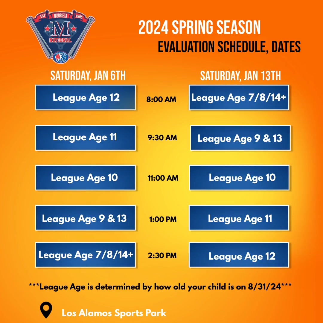 ⚾The 2024 Spring Season Evaluation Schedule is set. 
Ensure to arrive at least 15 minutes prior to your scheduled time to register.
NOTE: A players League Age is how old the player is on 8/31/2024, not their age at the time of evaluation