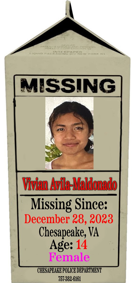 P_MilkCarton's tweet photo. 🚨🚨🚨 MISSING CHILD 🚨🚨🚨

Vivian Avila-Maldonado
Age: 14
Missing Since: 12/28/23
#Chesapeake, #Virginia 

VIVIAN HAS PIERCED EARS.

Please Call If You Have Information:

CHESAPEAKE POLICE DEPARTMENT
757-382-6161

#ProjectMilkCarton 
#MissingChildren 
#BringThemHome https://t.co/gM375fb4IH