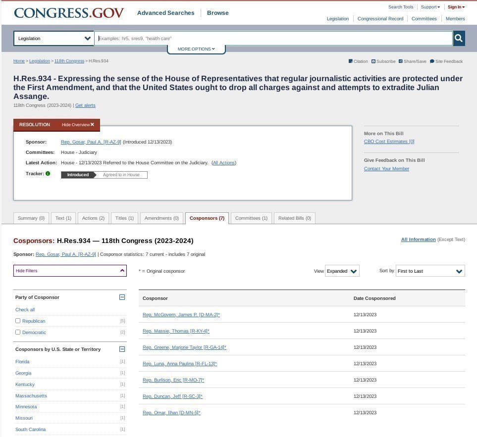 Contact your representatives and urge them to sign Res. 934: 'Regular journalistic activities are protected under the First Amendment, and that the United States ought to drop all charges against and attempts to extradite Julian Assange' #FreeAssangeNOW congress.gov/bill/118th-con…