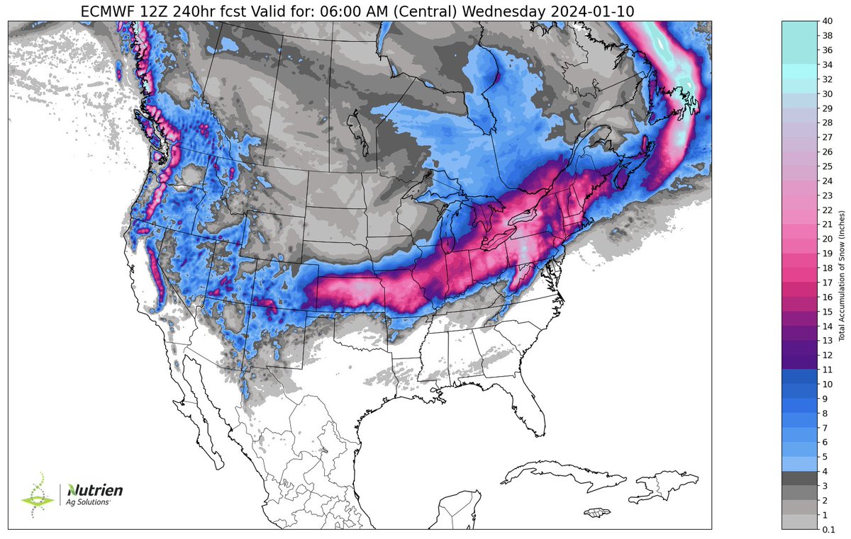 **Expect Change**
The point of this tweet is that if these next few storm systems verify as the 12Z ECMWF HRES suggests, a large section of the US will receive more snow in the next 10 days than all of last winter.
(left: last winter total)
(right: 12Z ECMWF HRES Total Snow 10:1)