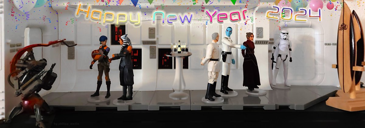 The SWAG77 &amp; I wish everyone a Happy New Year 2024. 🥂 🎉🎊🎇🎆 
Thrawn celebrates it aboard the Chimaera with a few other members of the "Ahsoka"-Holo-TV-cast. 🥳 😁  

#Thrawn #GrandAdmiralThrawn #Yularen #MorganElsbeth #SabineWren #Ahsoka #StarWars #ColonelWullfYularen