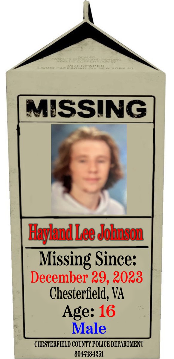 P_MilkCarton's tweet photo. 🚨🚨🚨 MISSING CHILD 🚨🚨🚨

Hayland Lee Johnson
Age: 16
Missing Since: 12/29/23
#Chesterfield, #Virginia 

HAYLAND HAS SANDY SHOULDER LENGTH LONG HAIR. HE WAS LAST SEEN WEARING BLUE JEANS AND A WHITE HOODIE.

Please Call If You Have Information:

#CHESTERFIELDCOUNTY POLICE DEPARTMENT
804-748-1251

#ProjectMilkCarton 
#MissingChildren 
#BringThemHome