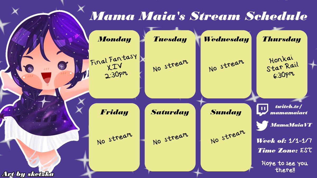 MamaMaiaVT's tweet photo. New schedule for the new year!!
Tomorrow we're having a rare afternoon stream where I check out these FF14 patch quests that I'm apparently gonna get super into! And similarly, Thursday we're seeing the new story in Star Rail!
See you then!!
#VTuber #VTuberEN #VTuberUpsiring https://t.co/c47BztHo7N