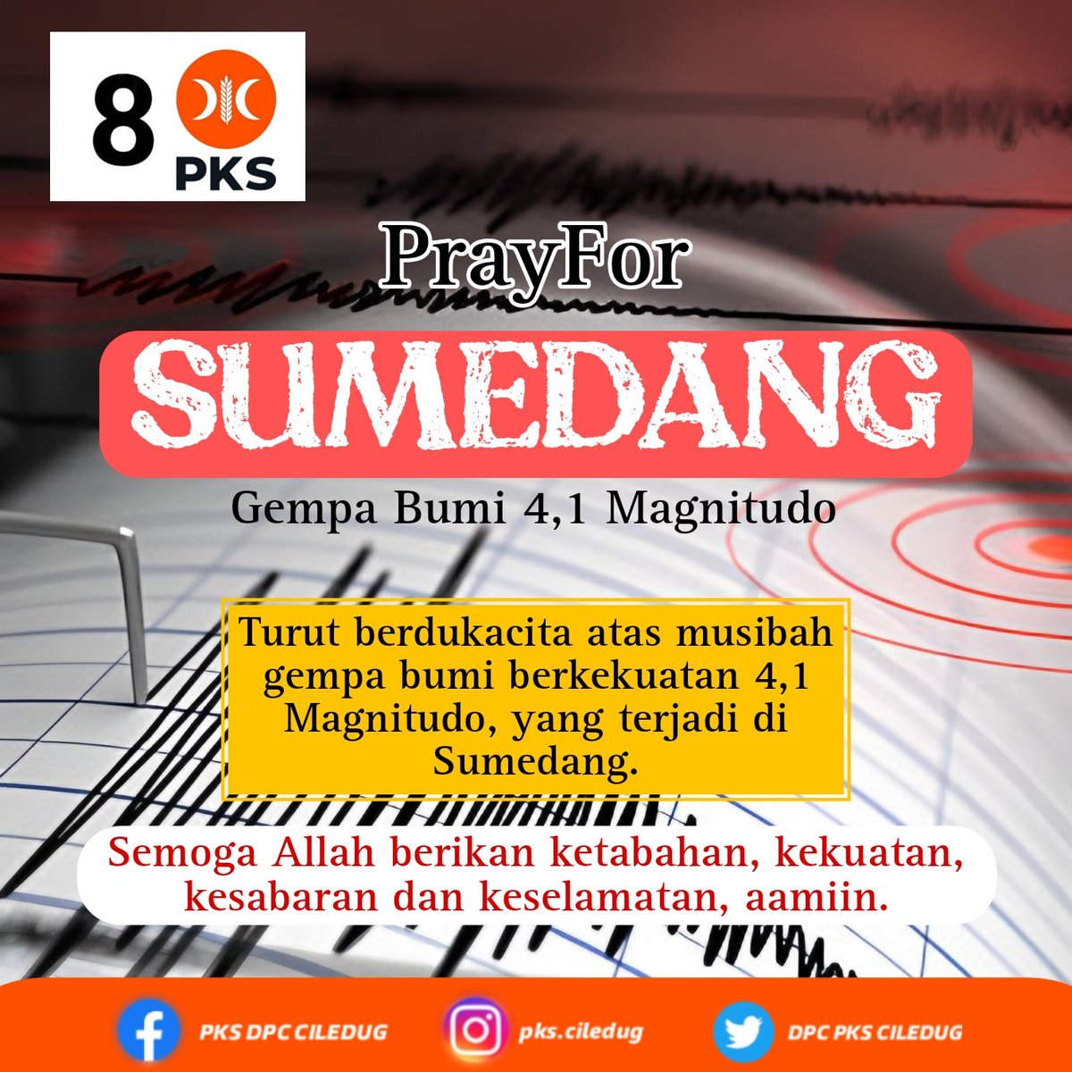 DPCPKSCILEDUG's tweet photo. Turut berdukacita atas musibah gempa bumi berkekuatan 4,1 Magnitudo, yang terjadi di Sumedang.

Semoga Allah berikan ketabahan, kekuatan, kesabaran dan keselamatan, aamiin.

#prayforsumedang
#gempabumisumedang 
#earthquake 
#pksciledug https://t.co/MPDdaZTtXw