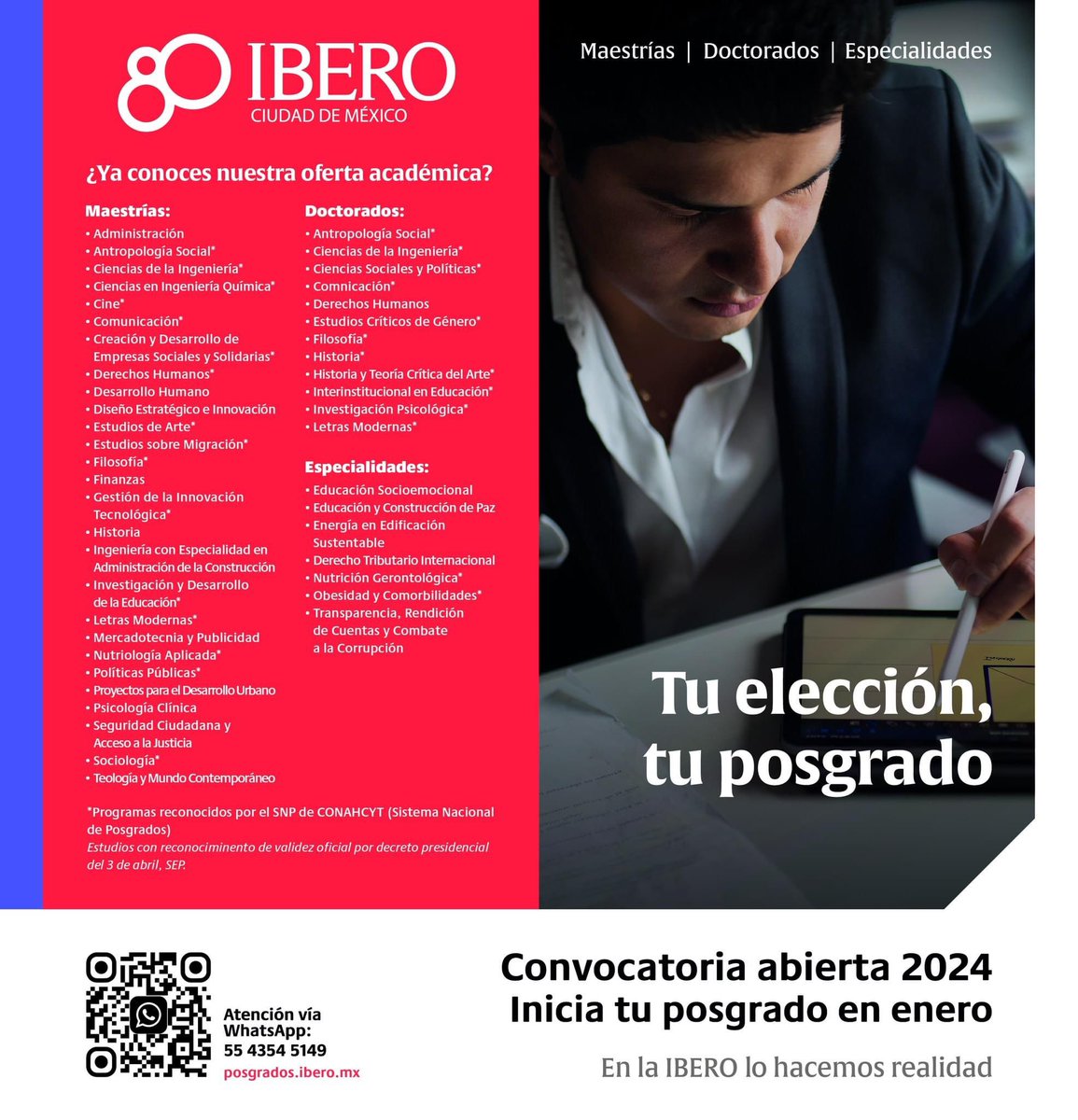 IBERO_mx's tweet photo. ¿Quieres estudiar un posgrado? ¡La IBERO es el lugar correcto para hacerlo!

Revisa la oferta académica que tenemos para ti y da el siguiente paso para impulsar tu futuro: https://t.co/eD1gDDHJiE

¿Quieres atención personalizada? Contáctanos 👉+52 1 55 4531 6319 https://t.co/trONgD3kIt