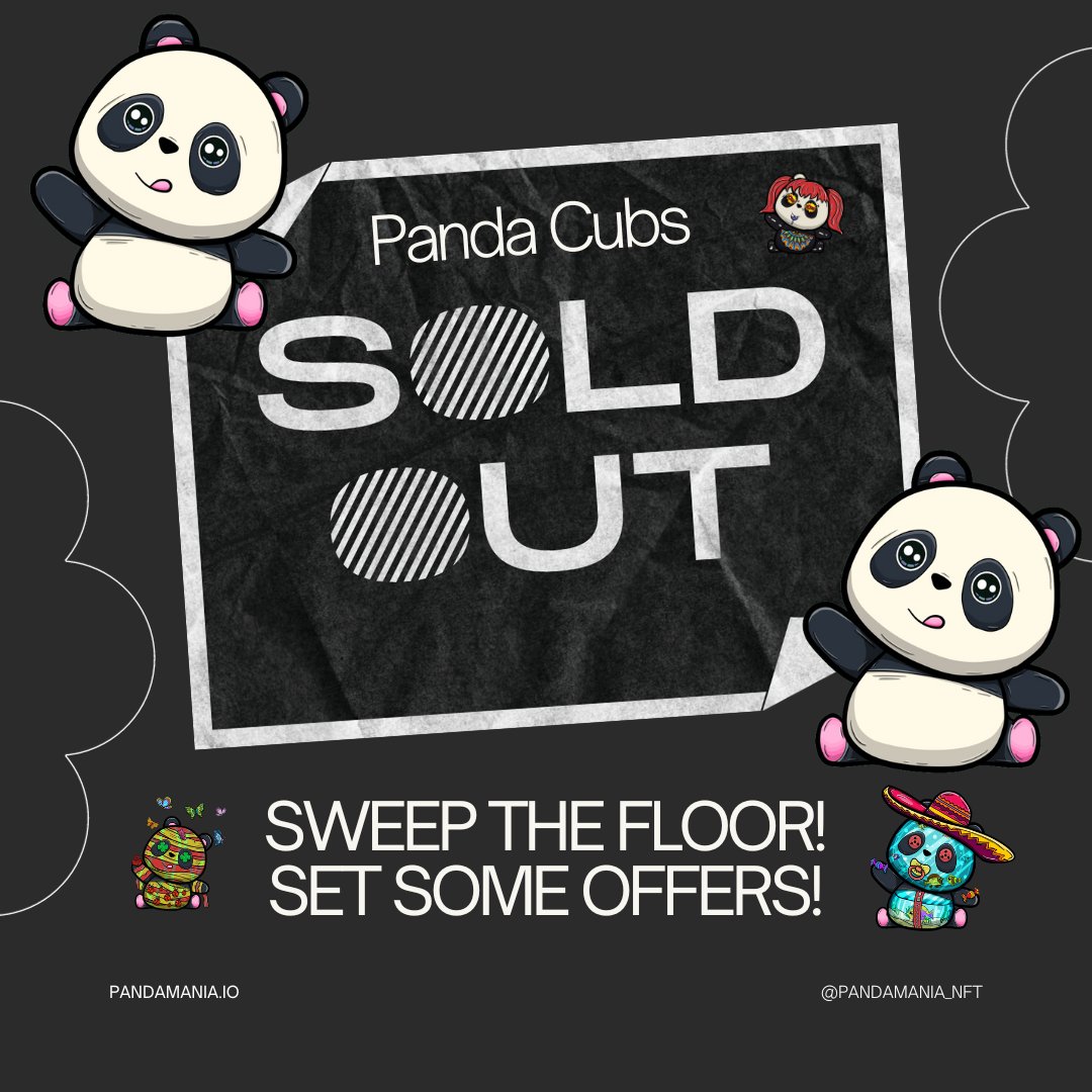 PandaMania_NFT's tweet photo. 🎉BIG DAY TODAY! ANOTHER SOLD OUT COLLECTION! 🎉 PANDA CUBS SOLD OUT 🐼🎉❤️

🧹GO SWEEP HERE: 🧹https://t.co/xCR6HTvGeR

Now that we have a sold out Panda Cubs collection, let's start to onboard some new members!

We have plenty of great incentive to join the Panda Cubs holders!

Take a look at the physical products being gifted at different 6 week periods! Get registered for poker! And of course, stay tuned for some details on your access into the travel membership!

Make sure you keep an eye out for any "Mouth:Smile" Panda Cubs mixed with EITHER "Christmas Hat" or "Green Christmas Hat"...don't let those go! You'll get a future legendary PANDA CUB airdropped to you! See if you can't buy one from the floor!

Happy 2023 and LFG 2024!!! 🎉❤️🐼🔥