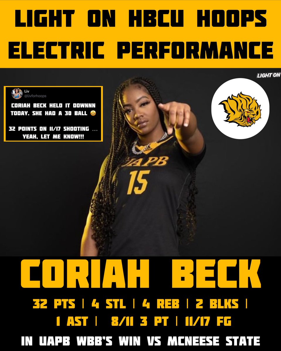 LightOnSports's tweet photo. UAPB WBB’s Coriah Beck HAD A DAY vs McNeese State. 🦁🔥

Stats: 32 Pts, 4 Stl, 4 Reb, 2 Blks, 1 Ast, 8/11 3 Pt, 11/17 FG

@coriah_beck 

H/T: @livforhoops 

📸: @UAPBLionsWBB @bposports https://t.co/WaZbSSkK0d