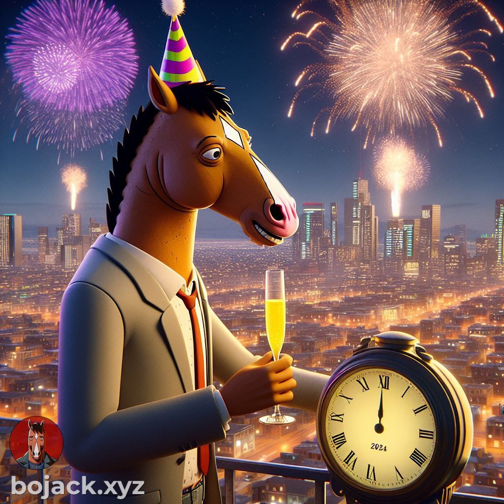 ETHBojack's tweet photo. Happy New Year, everyone! Here's to 2024 – may it bring us more surprises, absurdity, and life lessons than we can handle. Cheers to another year of riding the rollercoaster called life! 🎉🥂🐴 #BoJackNewYear #Hello2024" https://t.co/3qNOA6GR7C