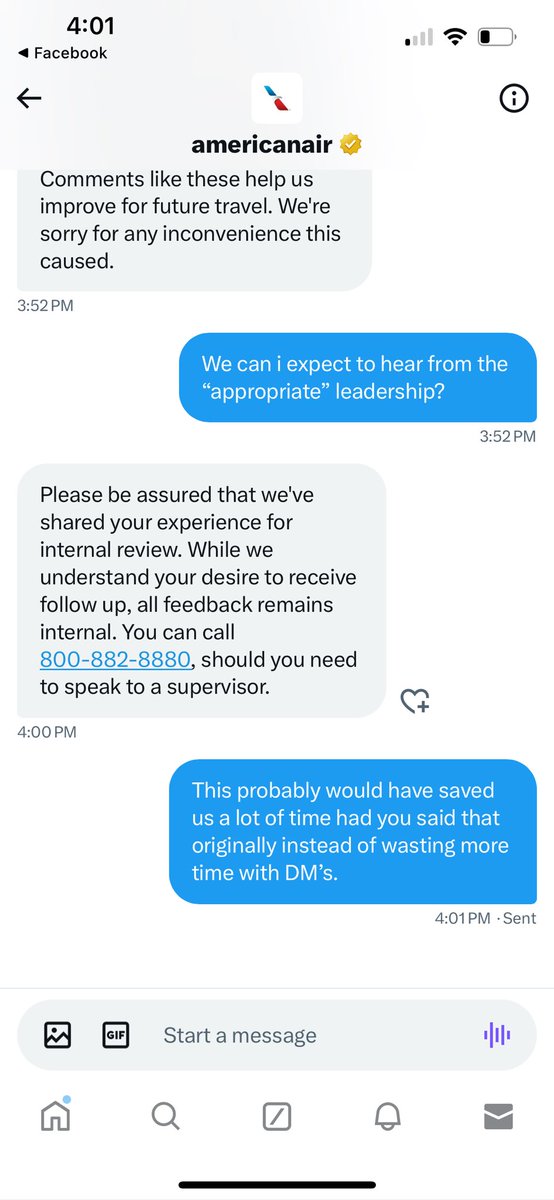 BurbackJeff's tweet photo. @AmericanAir I’m not assured of anything at this point with you.  A short while ago there was no way of contacting VIA phone… now you are asking me to call you. https://t.co/Be1XQ9Ah9T