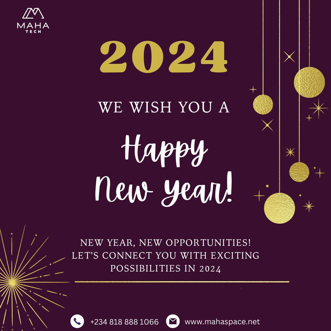 MahaTech_'s tweet photo. Cheers to a year of growth, possibilities, and endless opportunities! ✨ 
Here's to connecting with success in 2024. Happy New Year! 🎉 
#NewBeginning #2024Goals #HappyNewYear https://t.co/A673ctcmMC