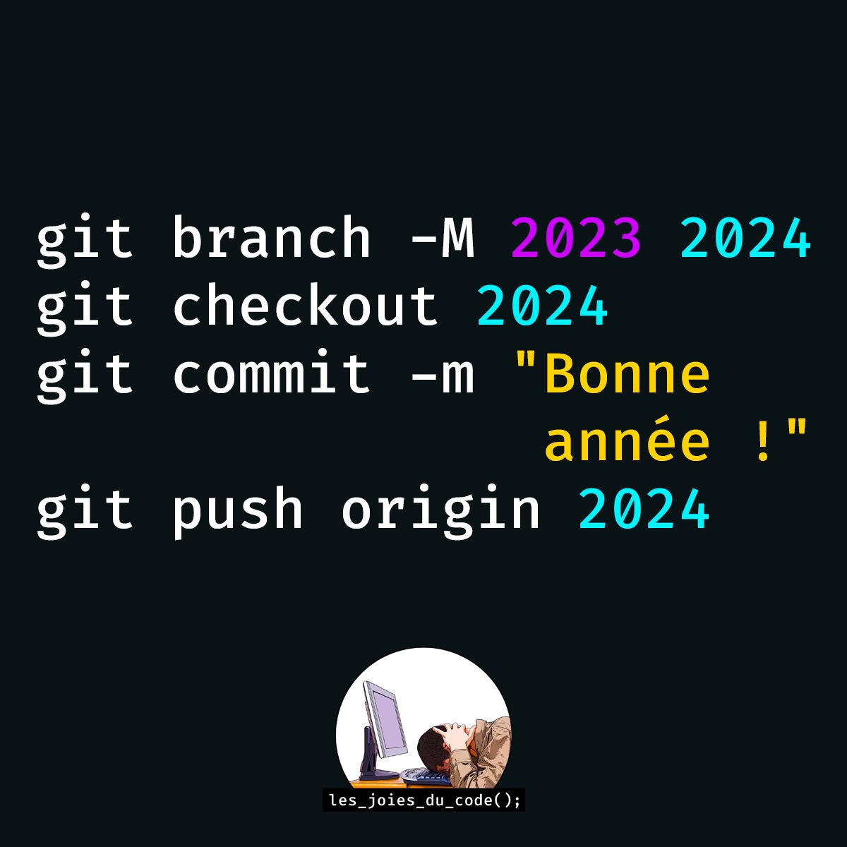 🥳 BONNE ANNÉE ! 🎆

Pour 2024, je vous souhaite que vos bugs soient aussi rares que les commentaires dans votre code, mais aussi beaucoup de bonheur ! 🫶💫
