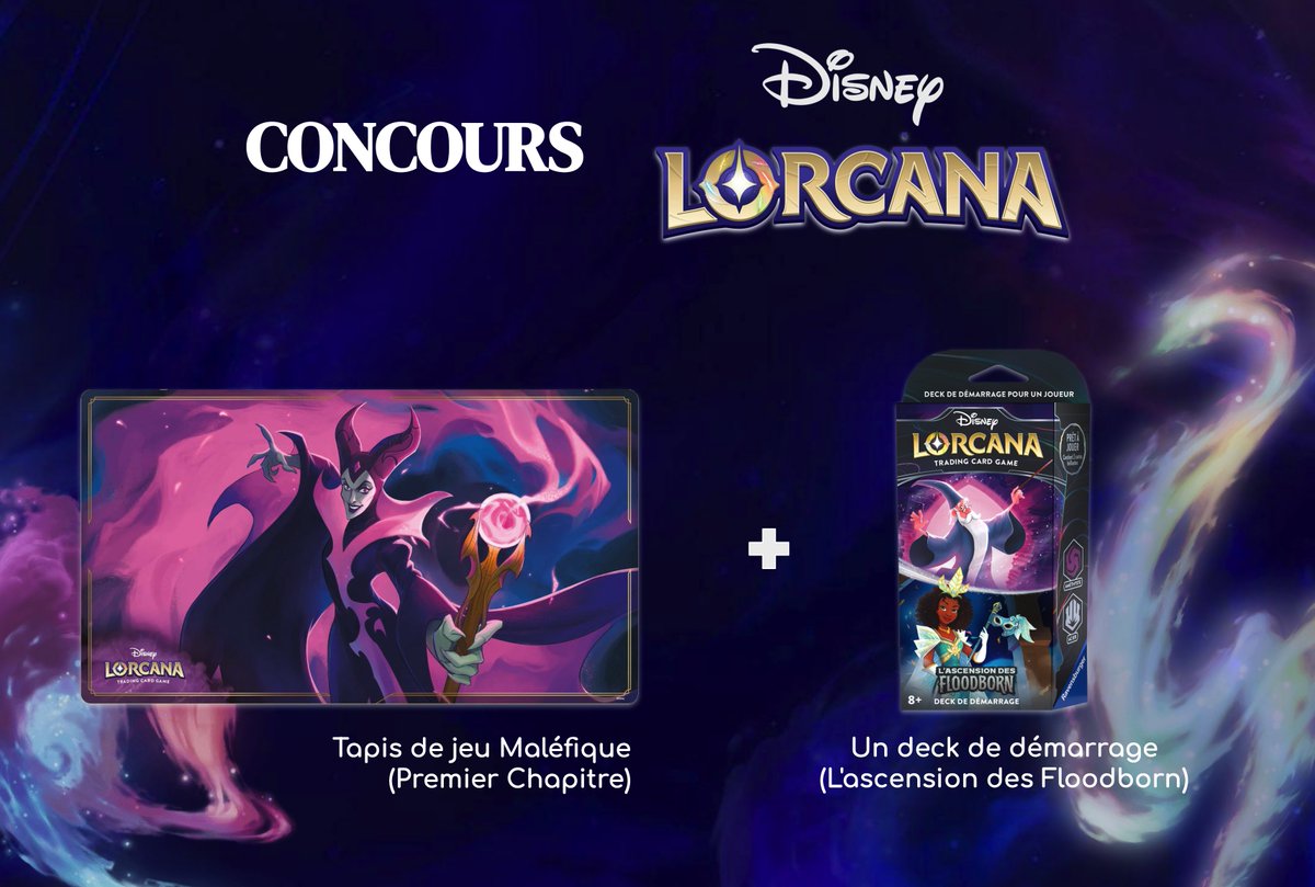 #CONCOURS
Remportez un tapis de jeu Maléfique et un deck de démarrage <a href="/LorcanaFr/">Lorcana France TCG</a> !
Ce jeu de cartes à collectionner <a href="/DisneyFR/">Disney</a>, édité par Ravensburger, a cartonné en 2023.

Pour participer : RT + Follow <a href="/RemiPrieur/">Rémi Prieur</a> 
🔗 cestjolichezvous.fr/2023/09/25/act…
Fin du concours 07.01.24 à 23h59